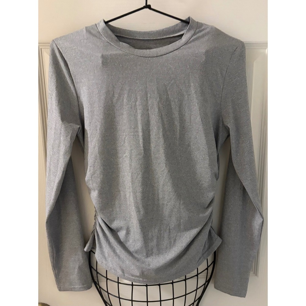 Womens Medium Gray Ruched Side Long Sleeve Stretch Crewneck Top
